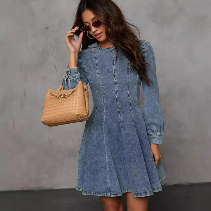 Round Neck Puff Long Sleeve Denim Mini Dress