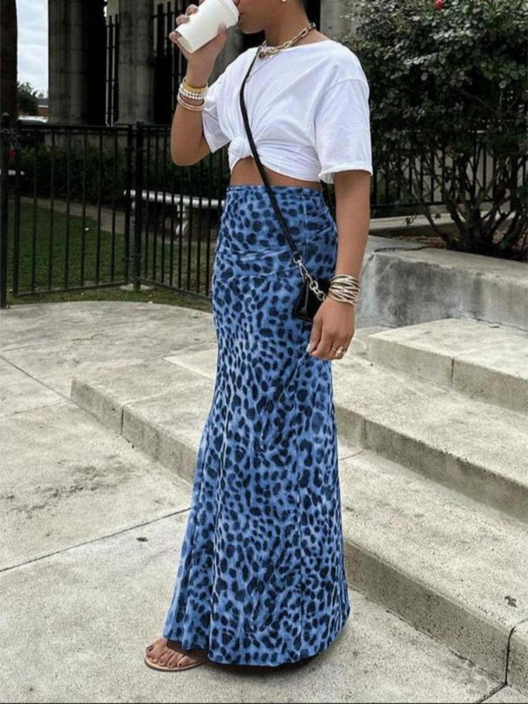 Leopard Print Mesh Mermaid Maxi Skirt