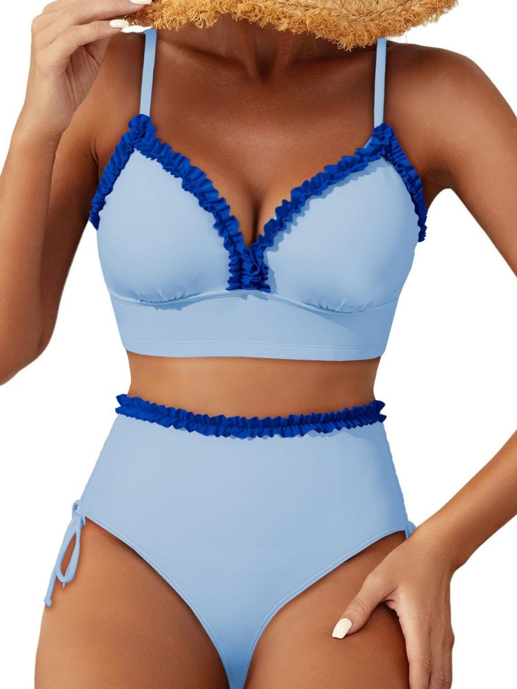 Ruffle Trim Striped High Waisted Bikini Set