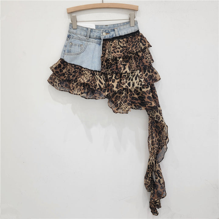 Leopard Print Ruffle Denim Mini Skirt