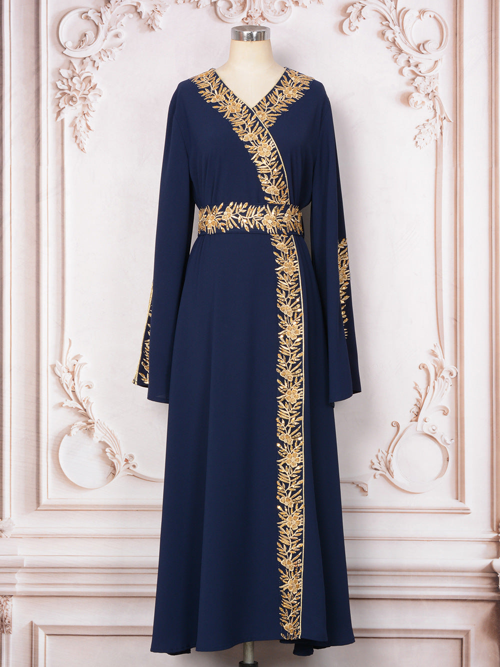 Gold Embroidered Wrap-Front Abaya Maxi Dress