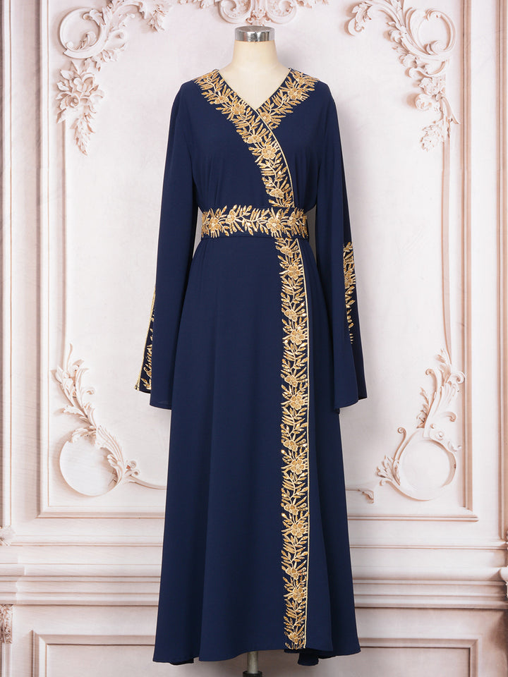 Gold Embroidered Wrap-Front Abaya Maxi Dress
