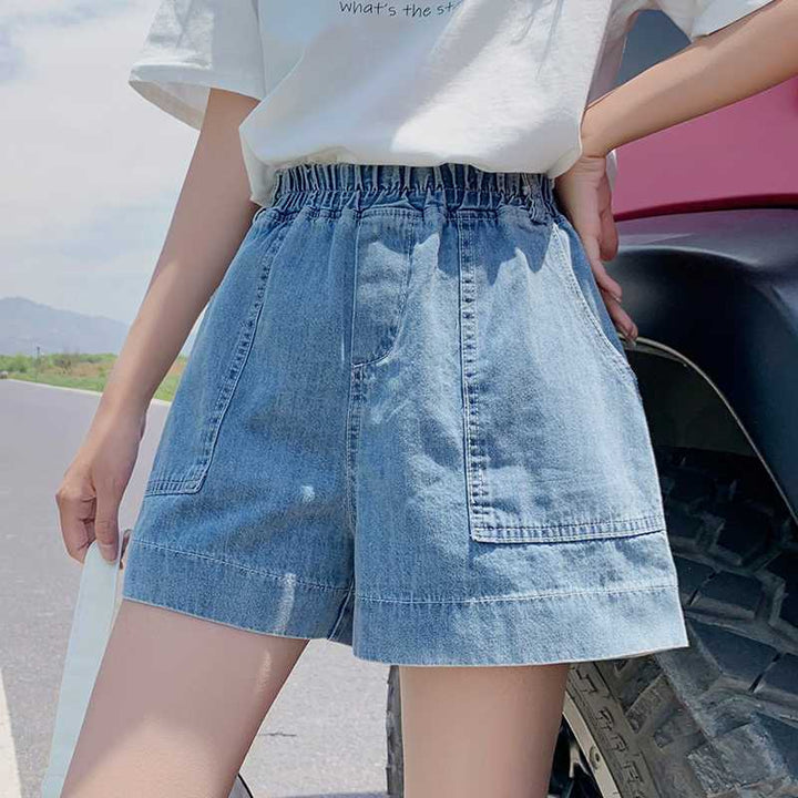 Elastic Waist Wide-Leg Denim Shorts - High-Waisted Casual Summer Shorts