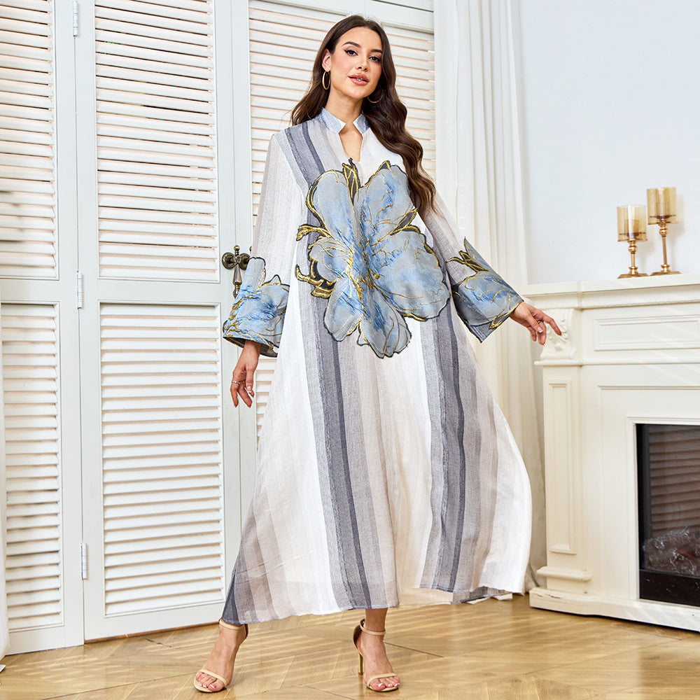 Oversized Floral Applique Striped Abaya Maxi Dress