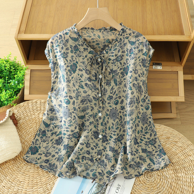 Ruffle Neck Tie Front Floral Linen Blend Sleeveless Blouse