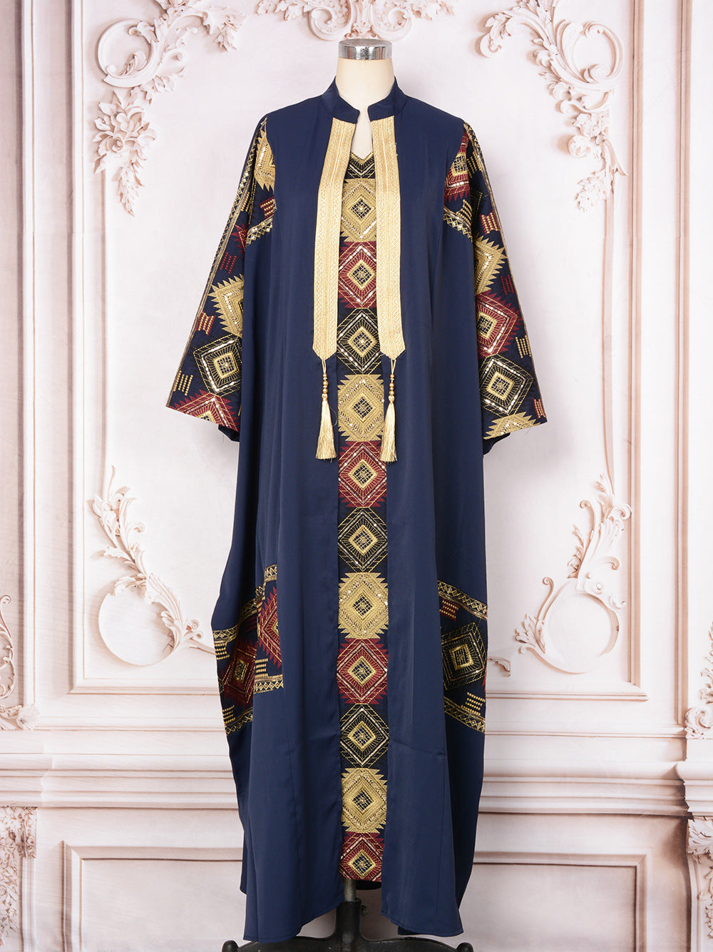 Geometric Embroidered Open-Front Abaya with Inner Dress