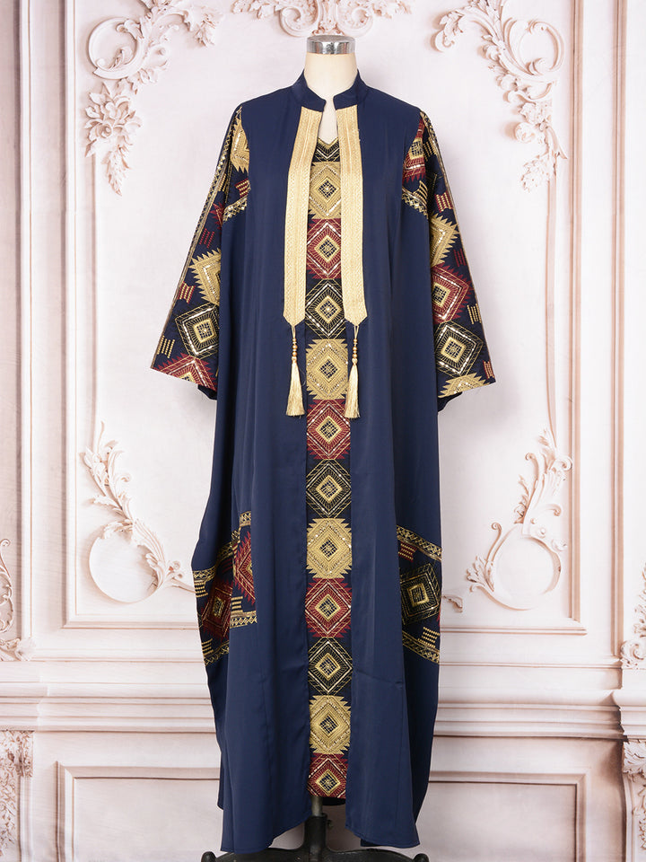 Geometric Embroidered Open-Front Abaya with Inner Dress