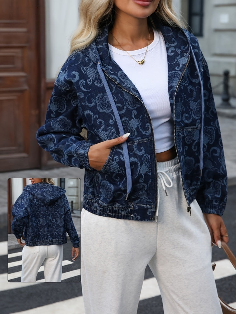 All Over Floral Jacquard Hooded Denim Zip Jacket