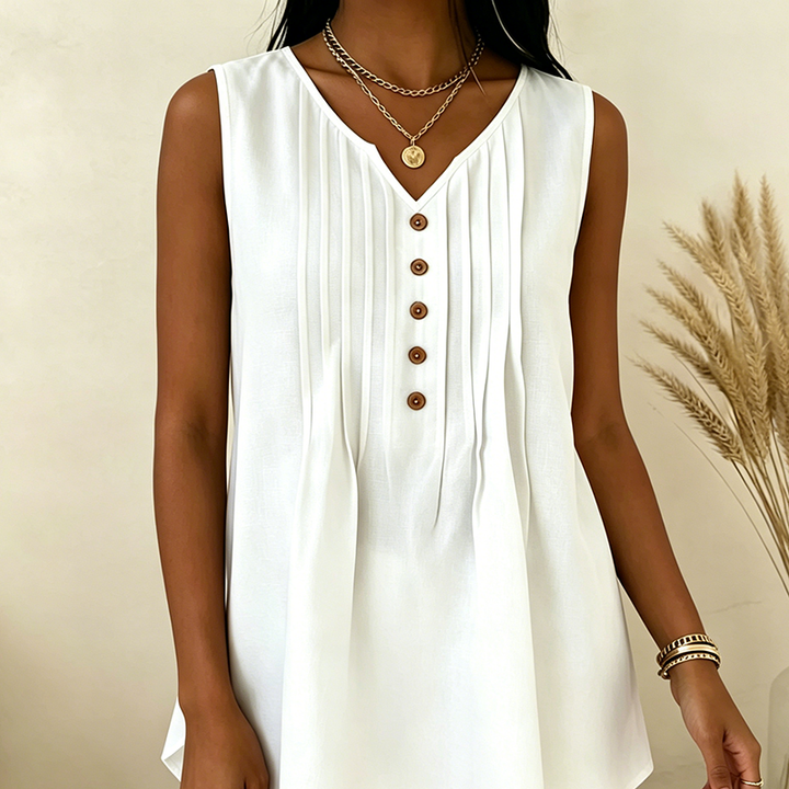 Solid-color sleeveless top with V-neck and pleats