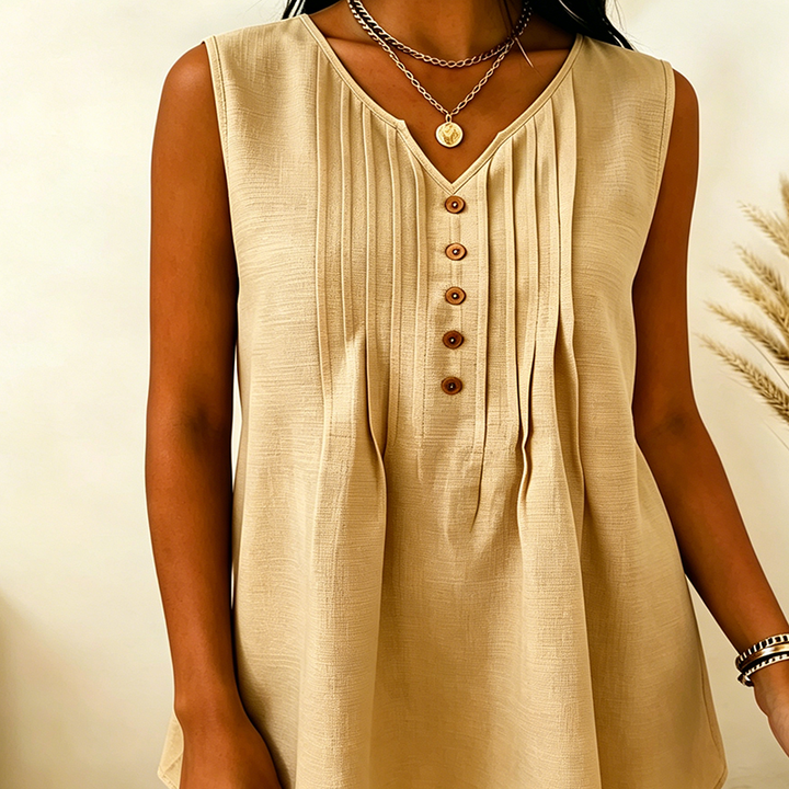 Solid-color sleeveless top with V-neck and pleats