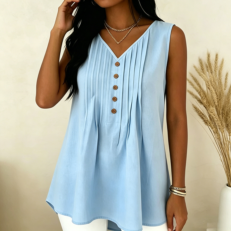Solid-color sleeveless top with V-neck and pleats