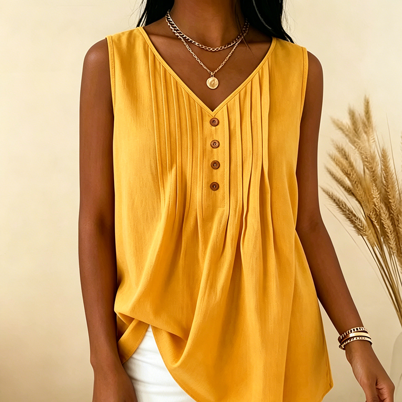 Solid-color sleeveless top with V-neck and pleats