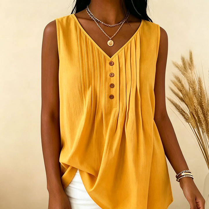 Solid-color sleeveless top with V-neck and pleats