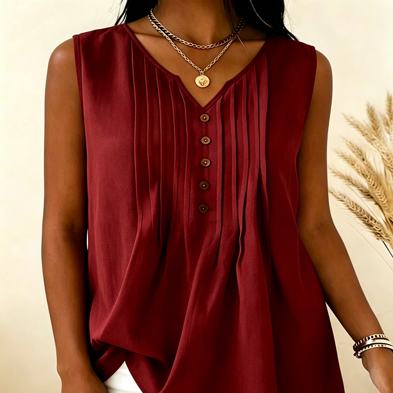 Solid-color sleeveless top with V-neck and pleats