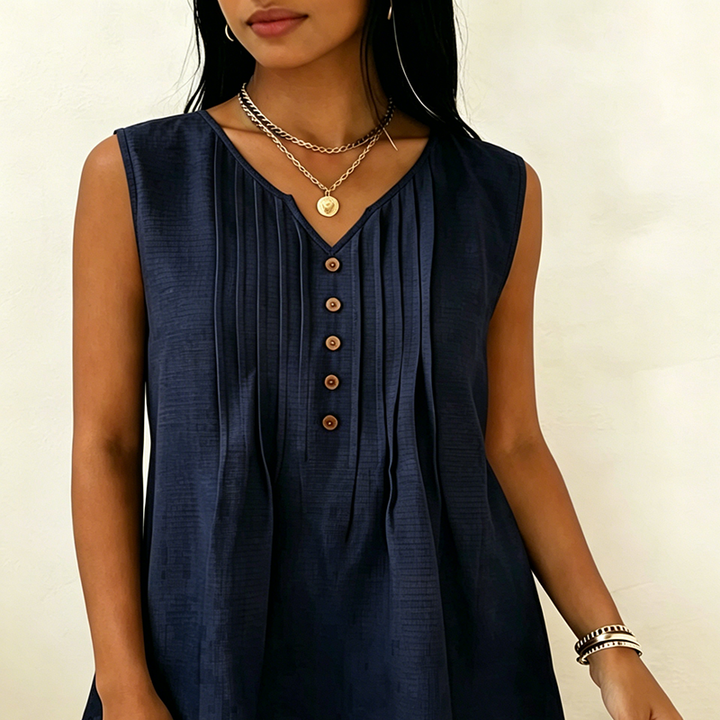 Solid-color sleeveless top with V-neck and pleats