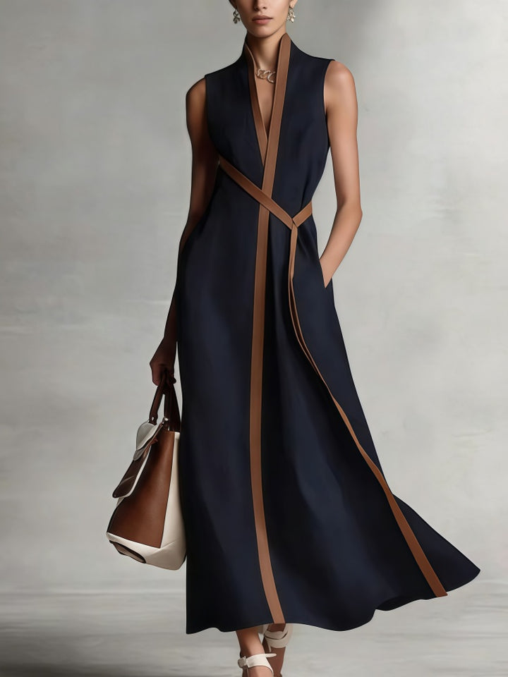 Color Block Linen-Blend Sleeveless Maxi Dress