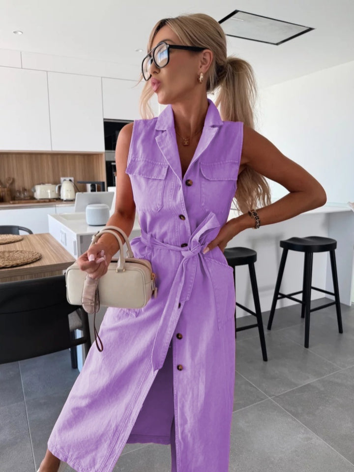 Sleeveless Button-Front Denim Maxi Dress