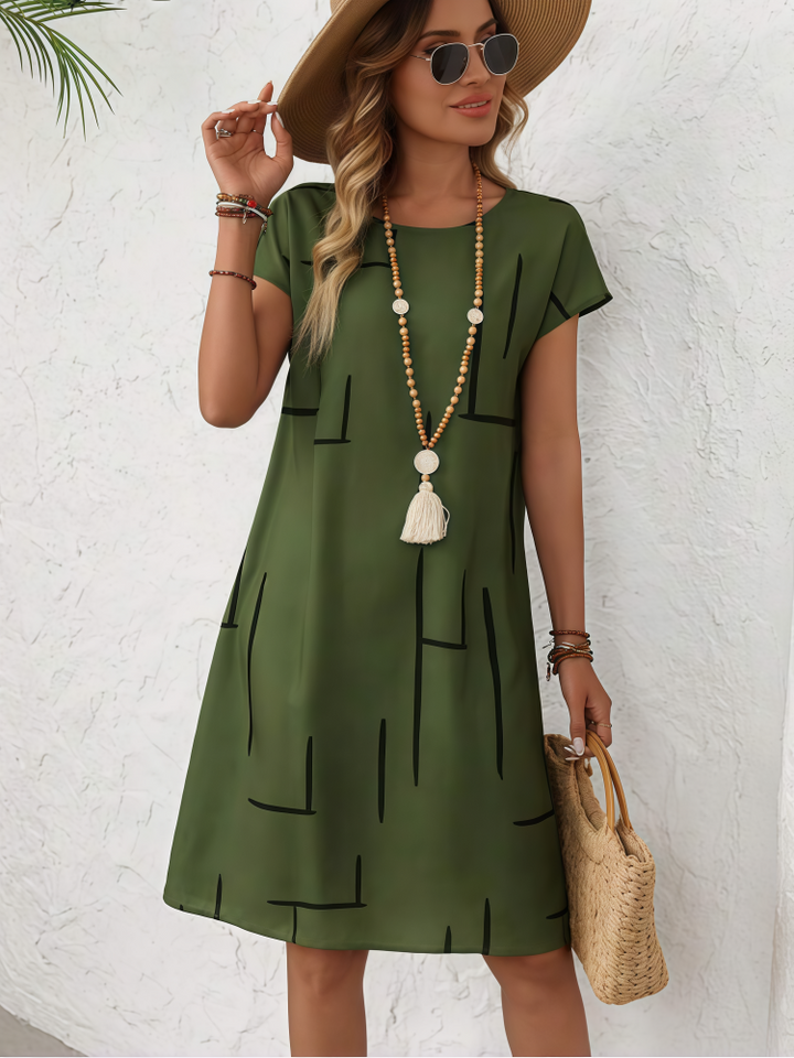 Geometric Line Print Short Sleeve Midi Dress