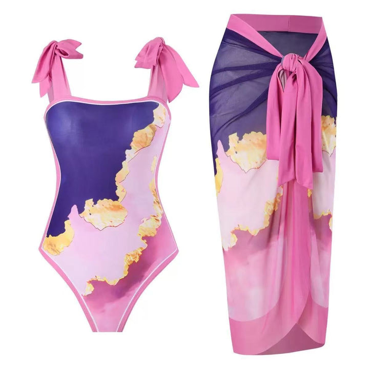 Tie Shoulder One Piece Swim Set with Sarong
