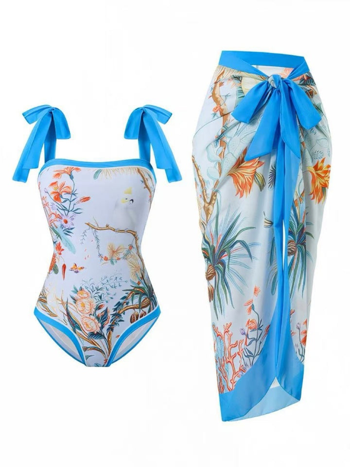 Tie Shoulder One Piece Swim Set with Sarong