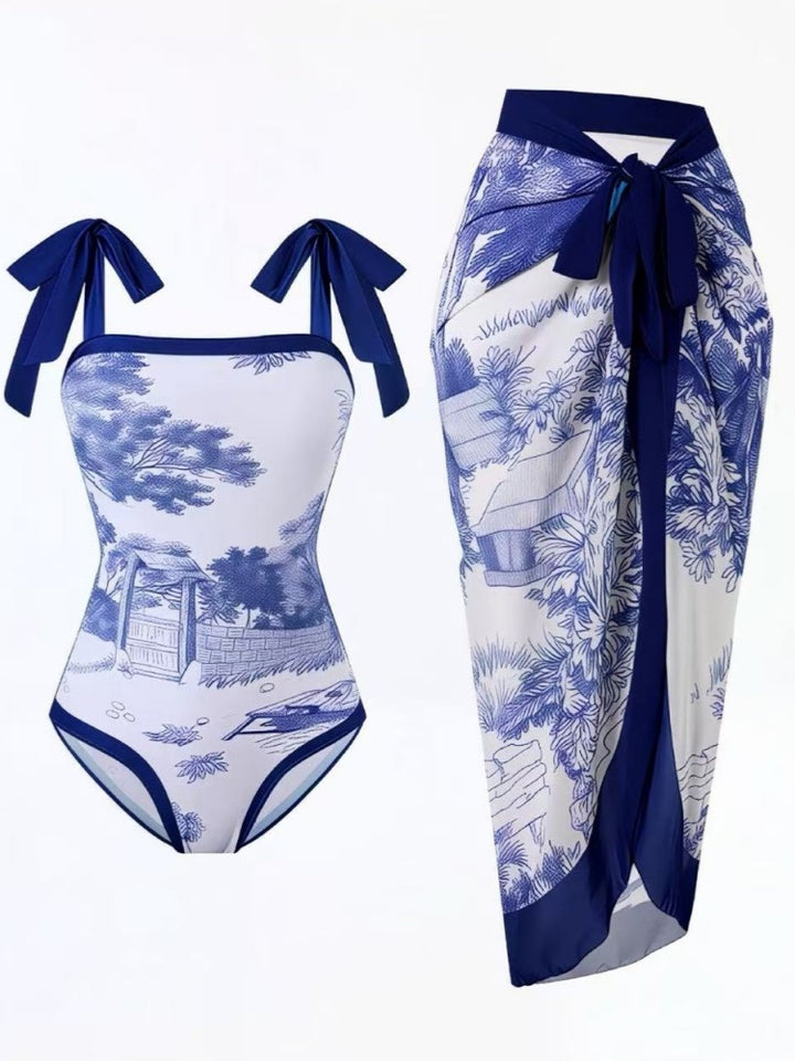Tie Shoulder One Piece Swim Set with Sarong