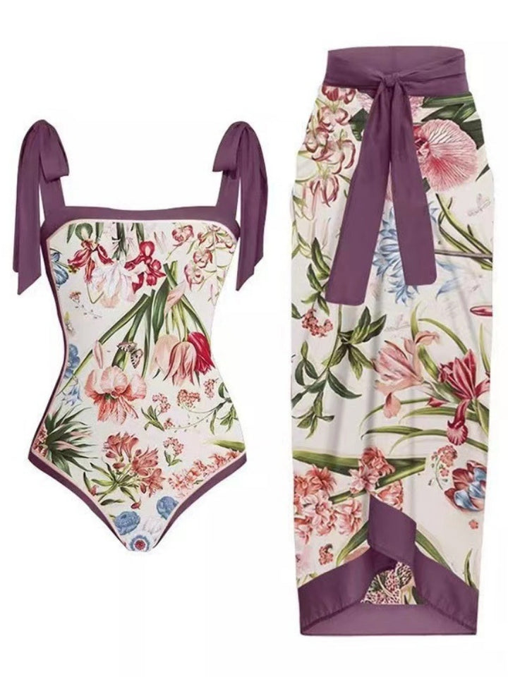 Tie Shoulder One Piece Swim Set with Sarong