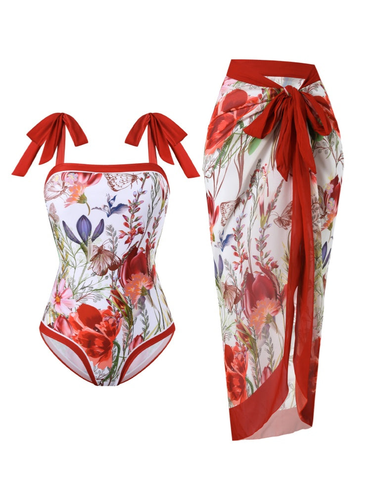 Tie Shoulder One Piece Swim Set with Sarong