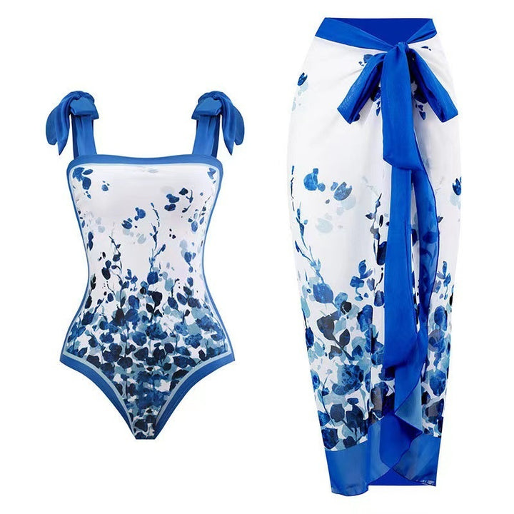 Tie Shoulder One Piece Swim Set with Sarong