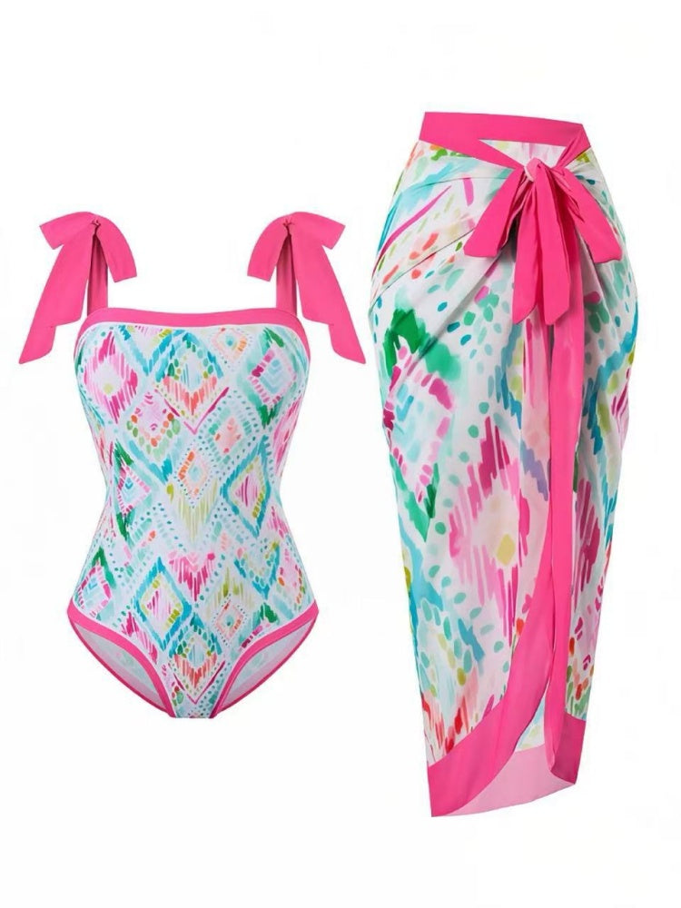 Tie Shoulder One Piece Swim Set with Sarong