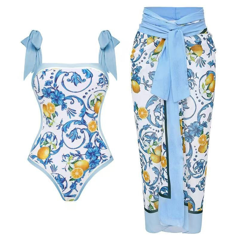 Tie Shoulder One Piece Swim Set with Sarong