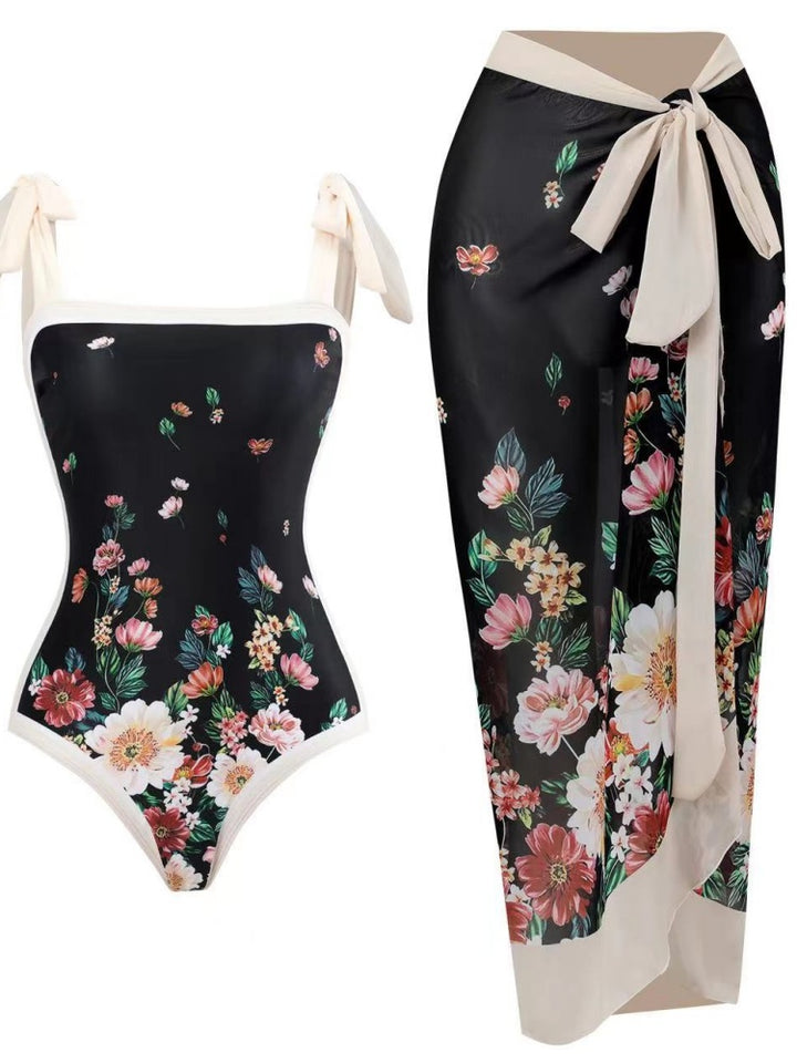 Tie Shoulder One Piece Swim Set with Sarong