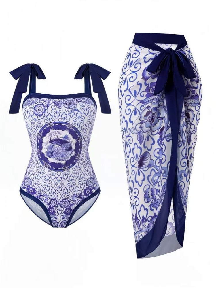Tie Shoulder One Piece Swim Set with Sarong