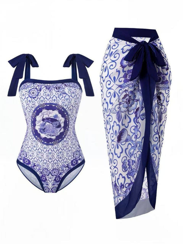 Tie Shoulder One Piece Swim Set with Sarong