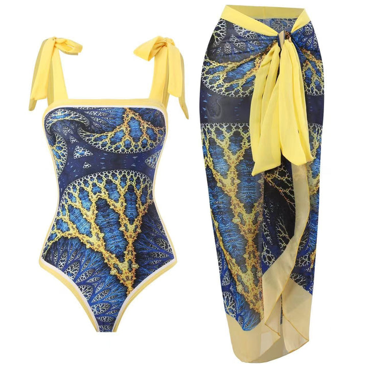 Tie Shoulder One Piece Swim Set with Sarong