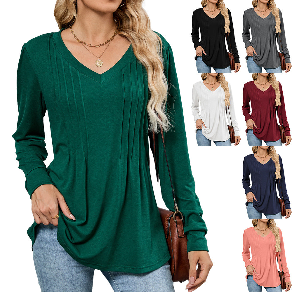 V-neck loose long-sleeved T-shirt top