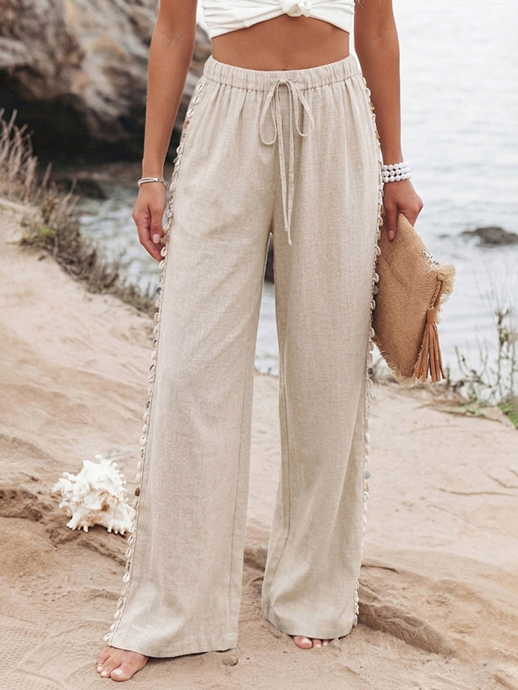 Casual Resort-Style Sequined Shell-Motif Wide-Leg Pants