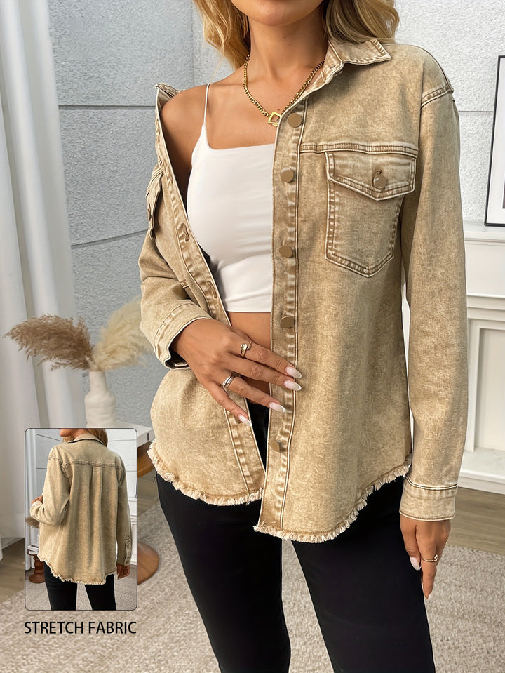 Stretch long-sleeved loose denim jacket with pockets