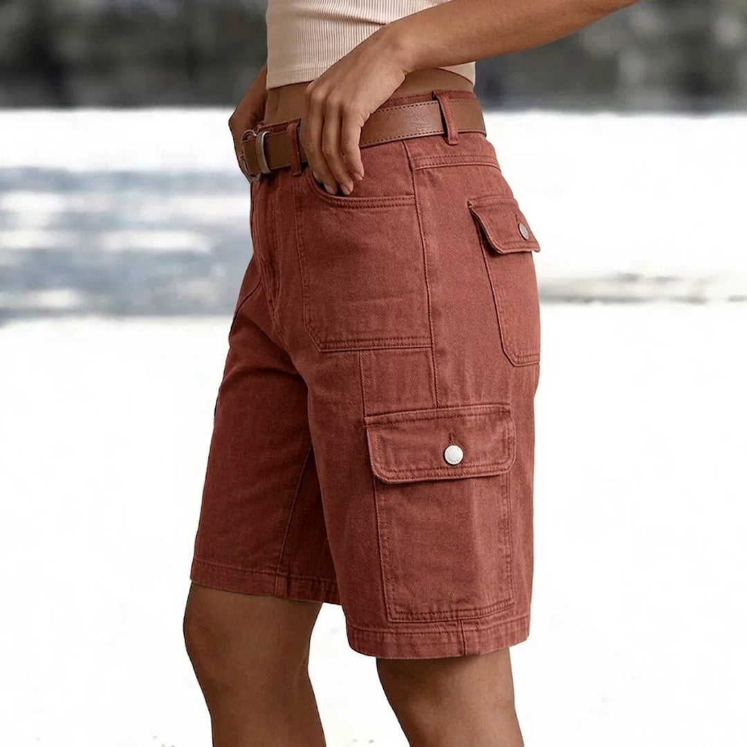 Vintage-wash denim utility shorts