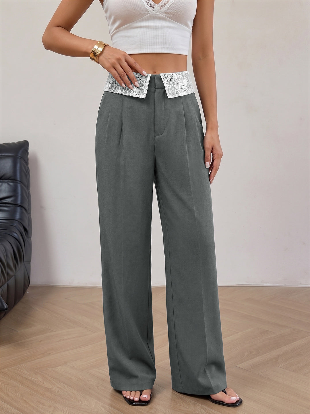 Lace-trimmed straight-leg trousers