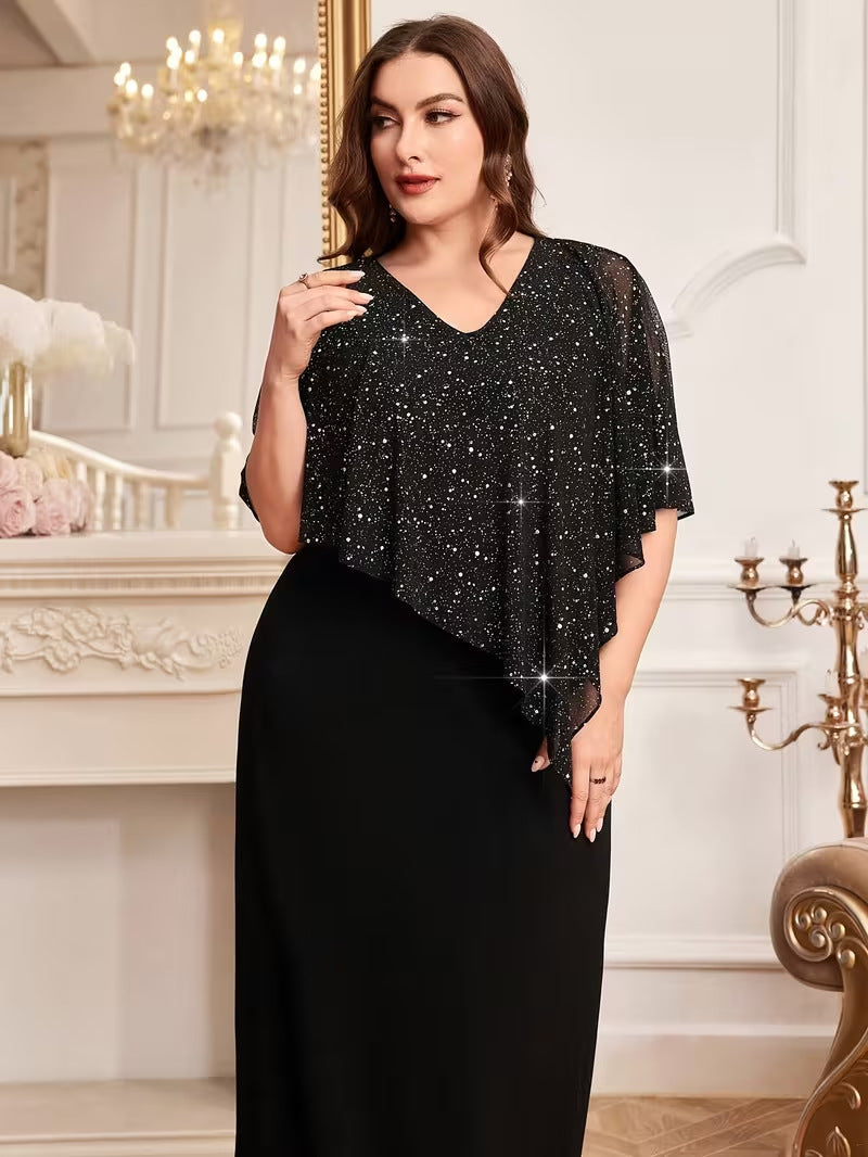 Elegant V-neck fitted waist batwing sleeve long dress
