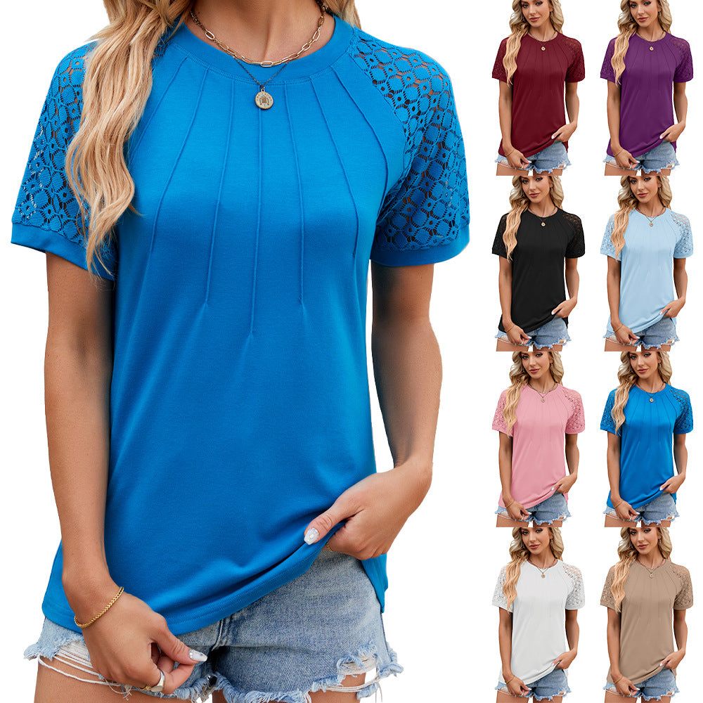 Solid color round neck short-sleeved T-shirt with lace trim