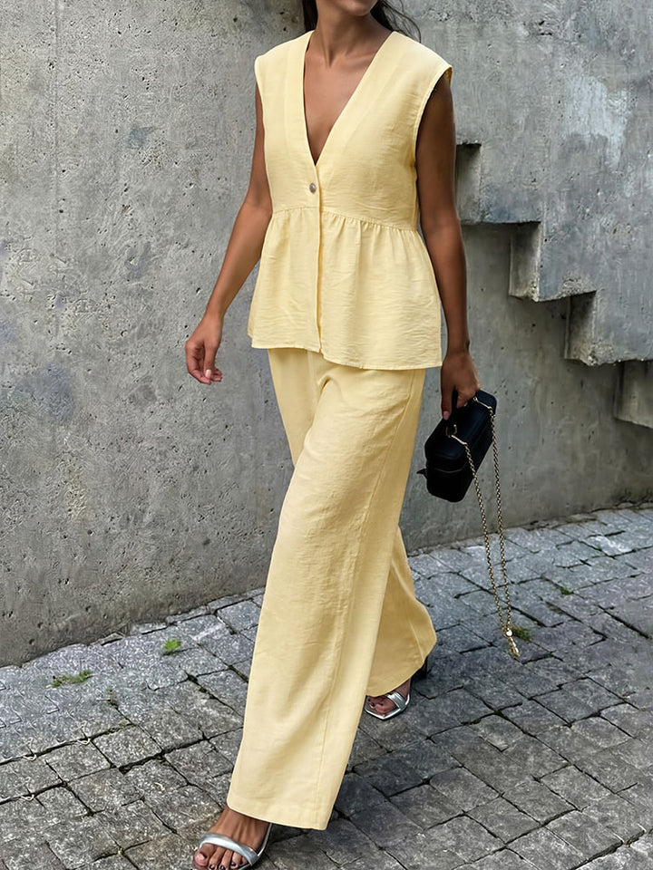 V-neck sleeveless top with ruffled hem and wide-leg pants set