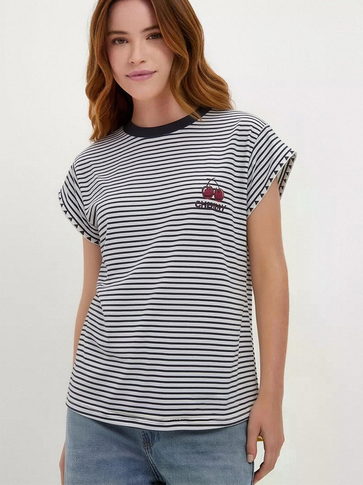Round neck striped cap sleeve top