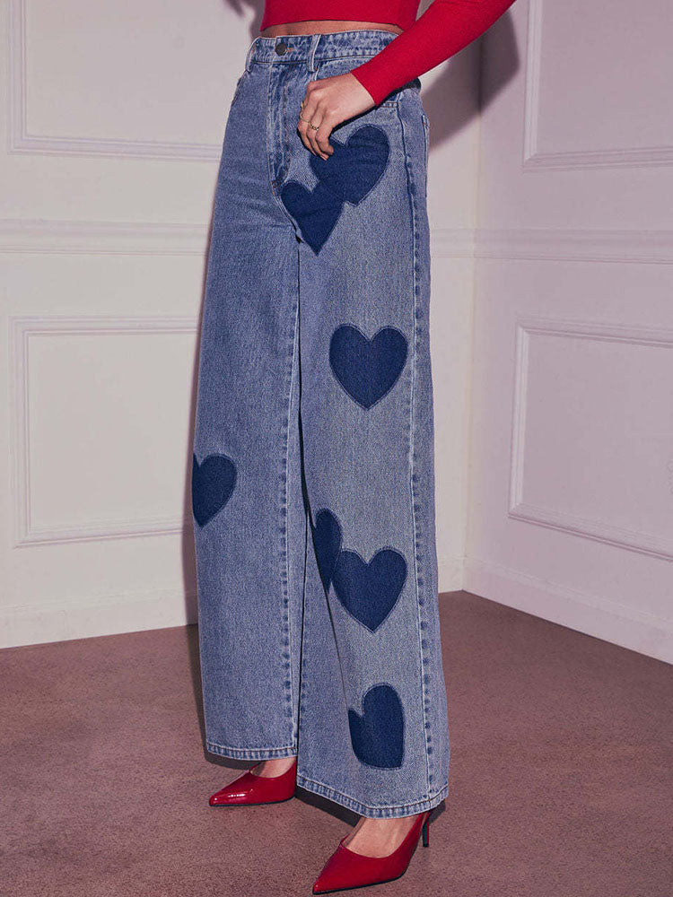 Heart-print high-waisted wide-leg jeans