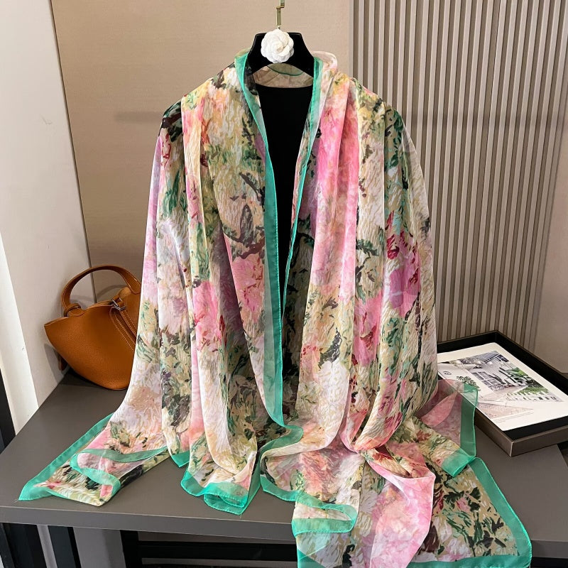 Sheer Artistic Floral Long Scarf Shawl