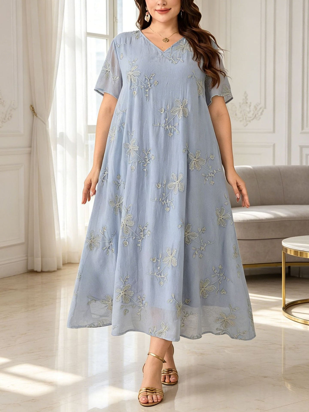 Loose V-neck embroidered long dress