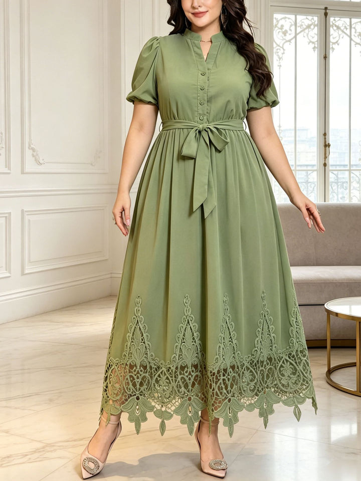 Puff sleeve, fitted waist, tie-waist lace dress