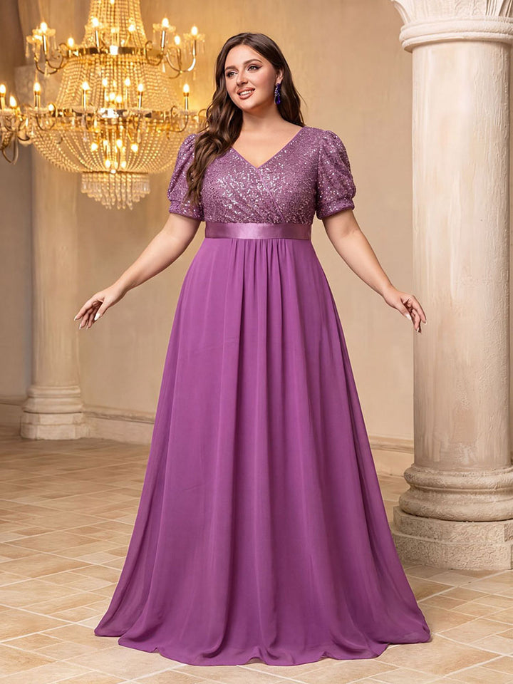 V-neck puff sleeve plus-size evening dress