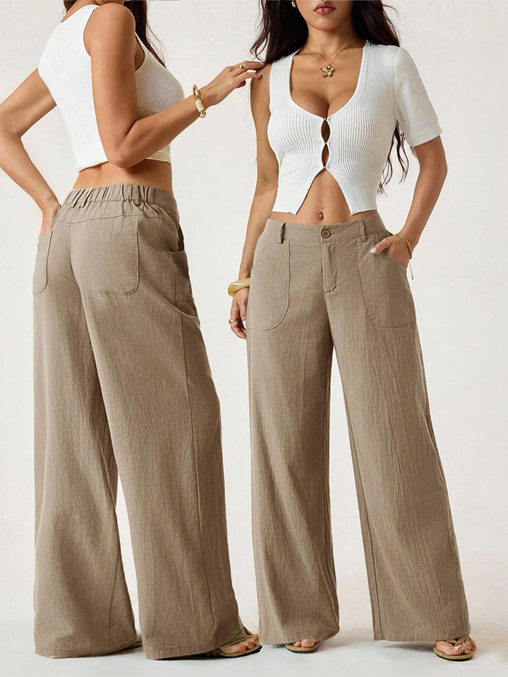 Mid-waisted straight-leg cotton-linen wide-leg pants