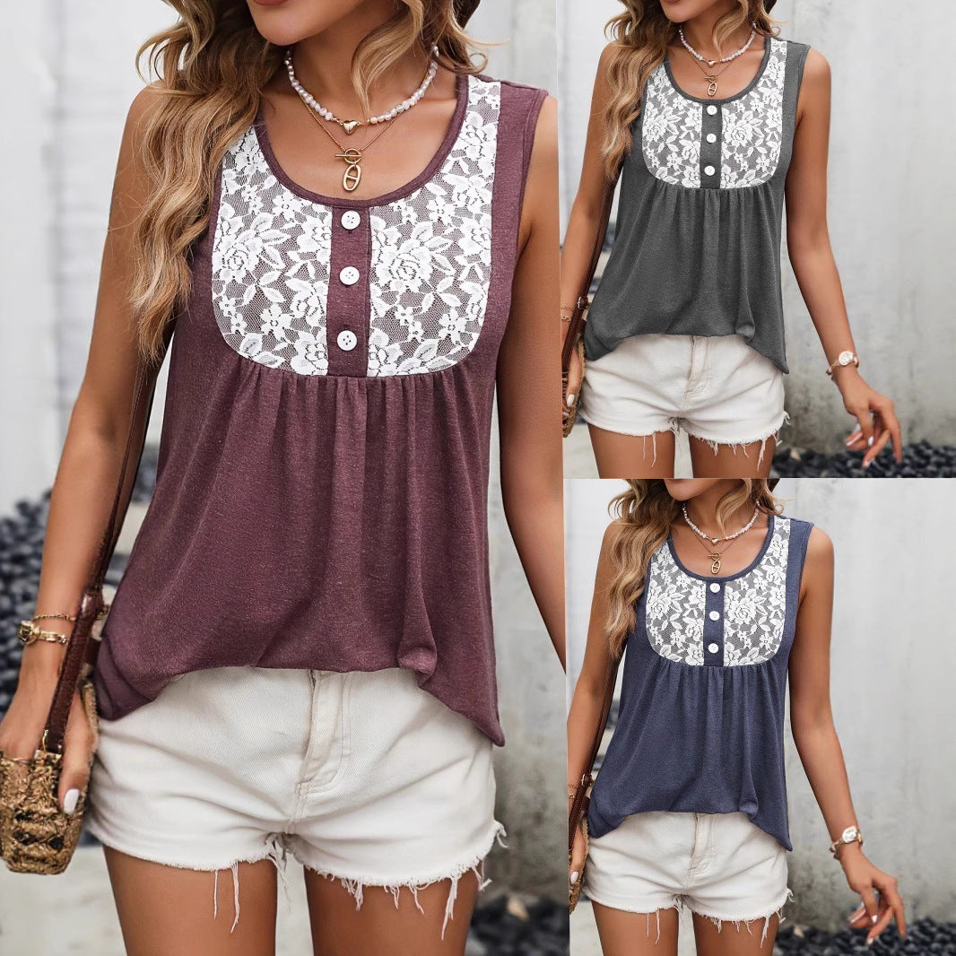 Casual sleeveless patchwork printed button top